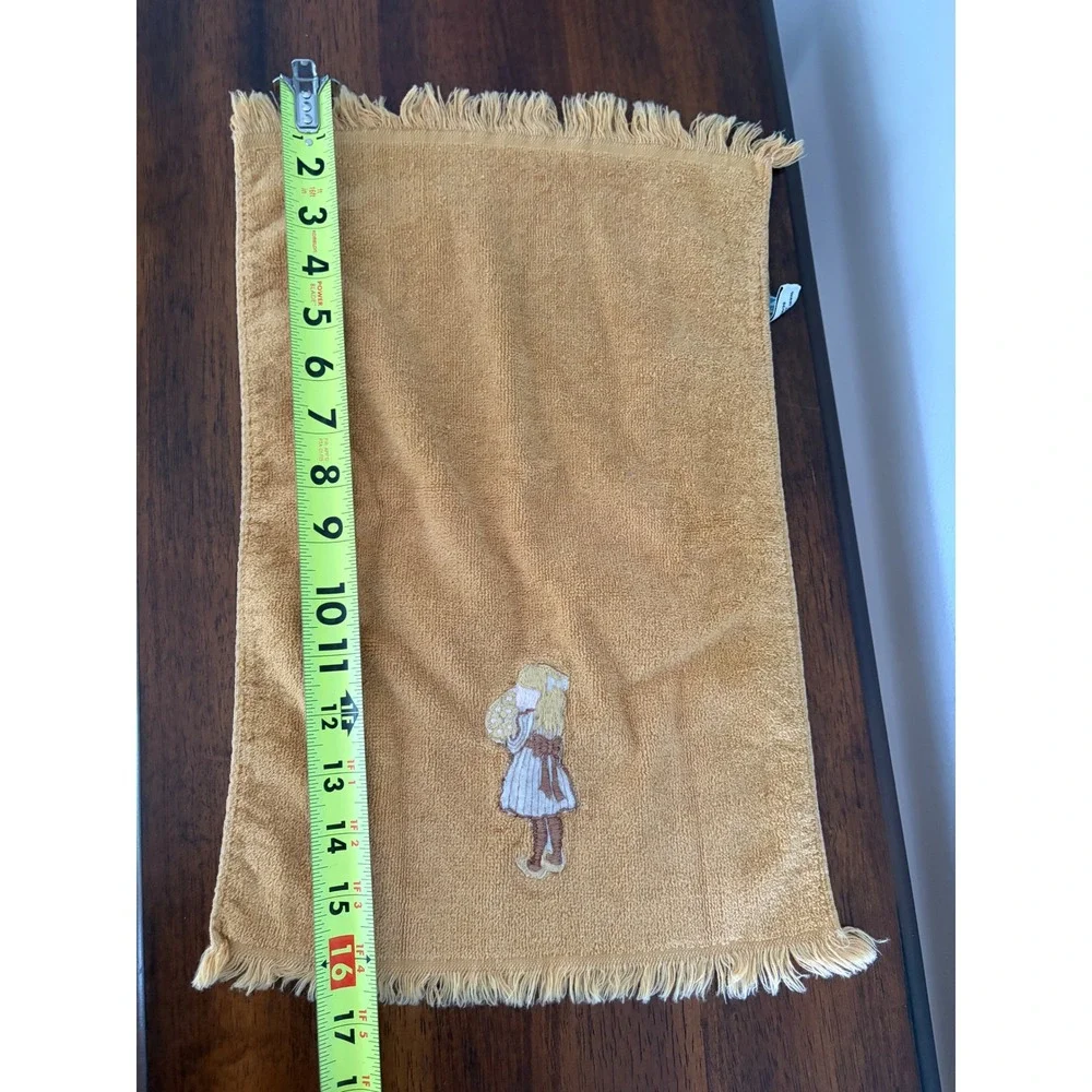 Vintage Fieldcrest Fingertip Towel Tan Girl Embroidered Flowers USA Made